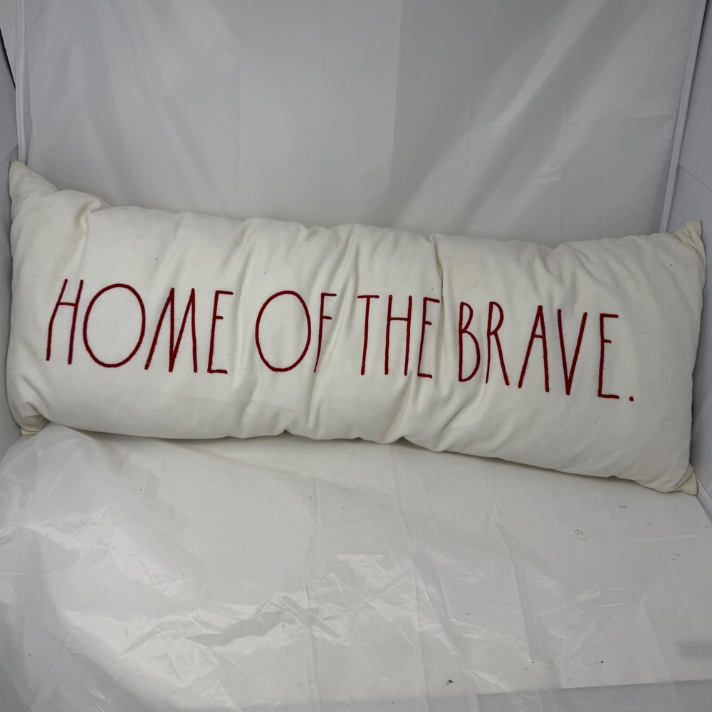 Rae Dunn Home of the Brave Lumbar Pillow Cream Red Embroidered Farmhouse 32x10